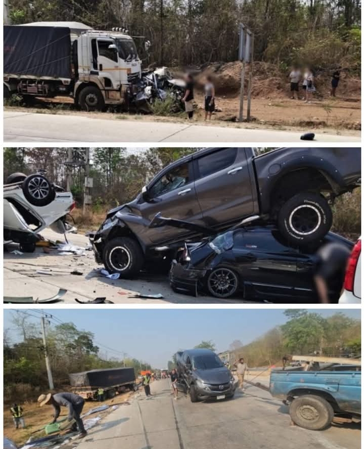 อุบัติเหตุหมู่! พ่วง 18 ล้อเบรกไม่อยู่ พุ่งชนยับ 7 คัน เสียชีวิตและบาดเจ็บหลายราย